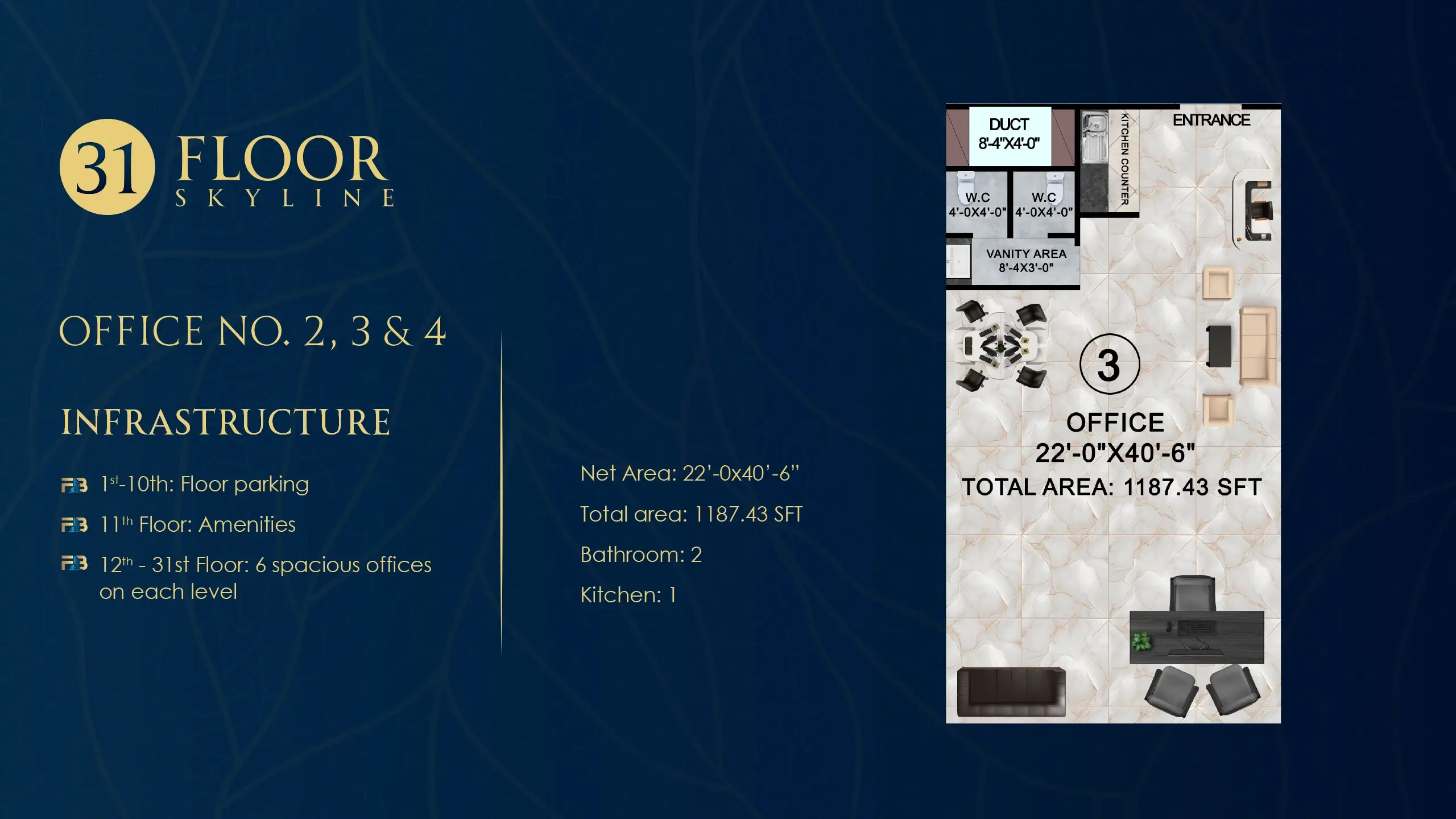 891 SQ FT (Net Area) floor plan at Faizan Business Bay