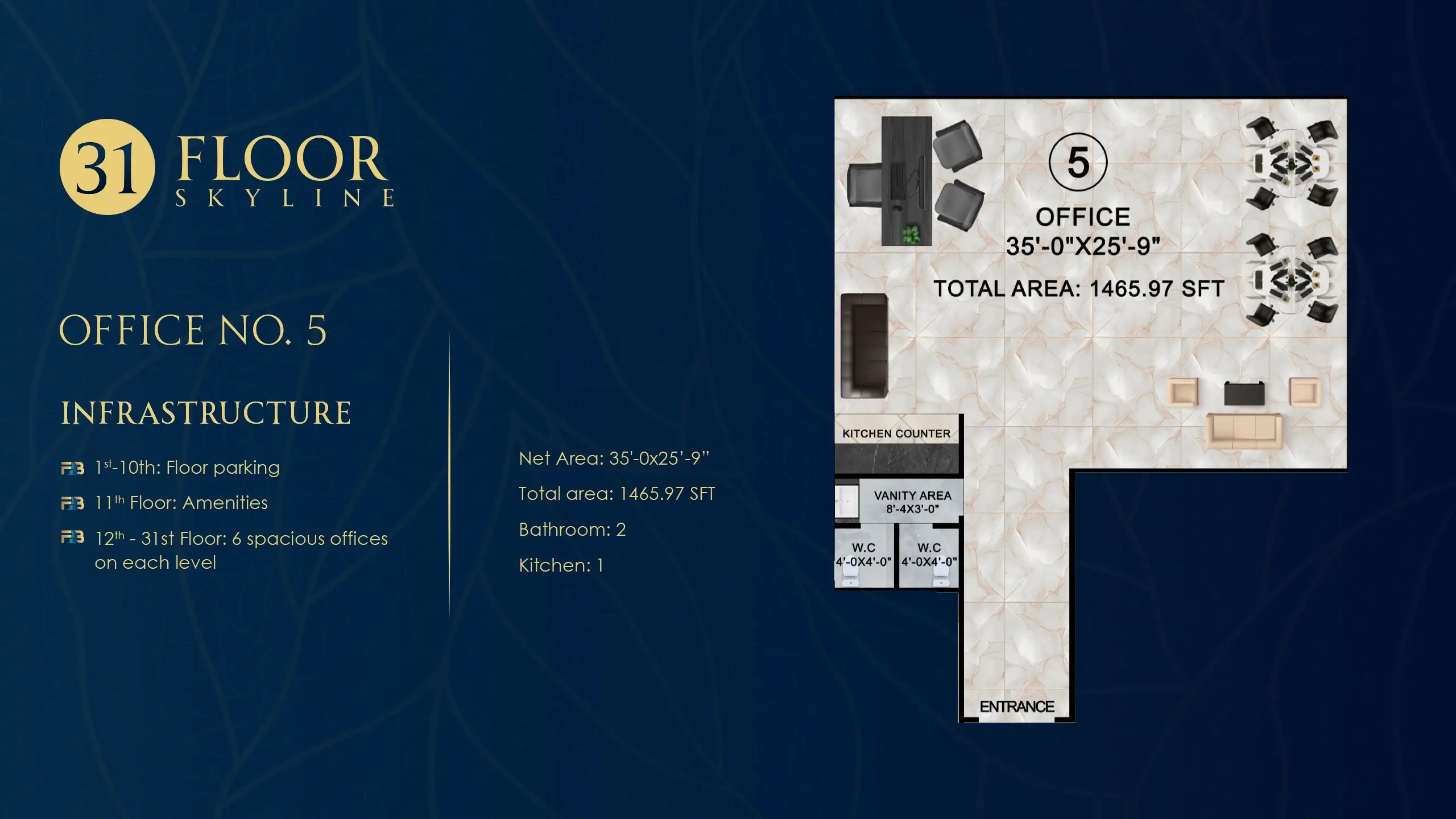 1,100 SQ FT (Net Area) floor plan at Faizan Business Bay