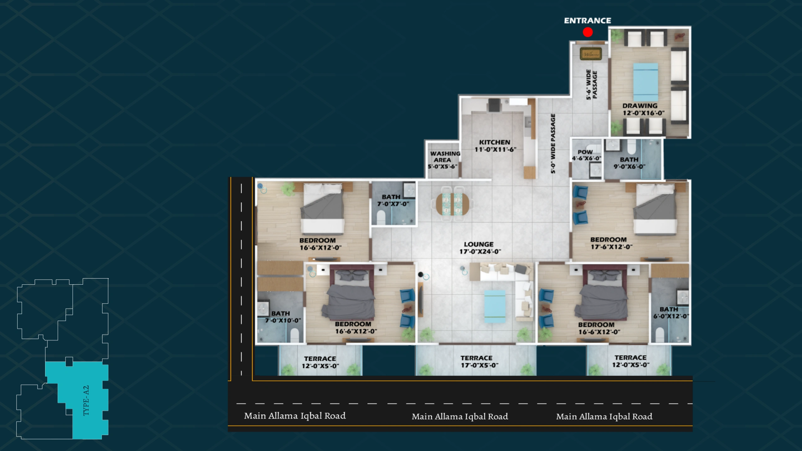 4 Bedroom | 2,300 SQ FT (Net Area) floor plan at Faizan Sky Tower