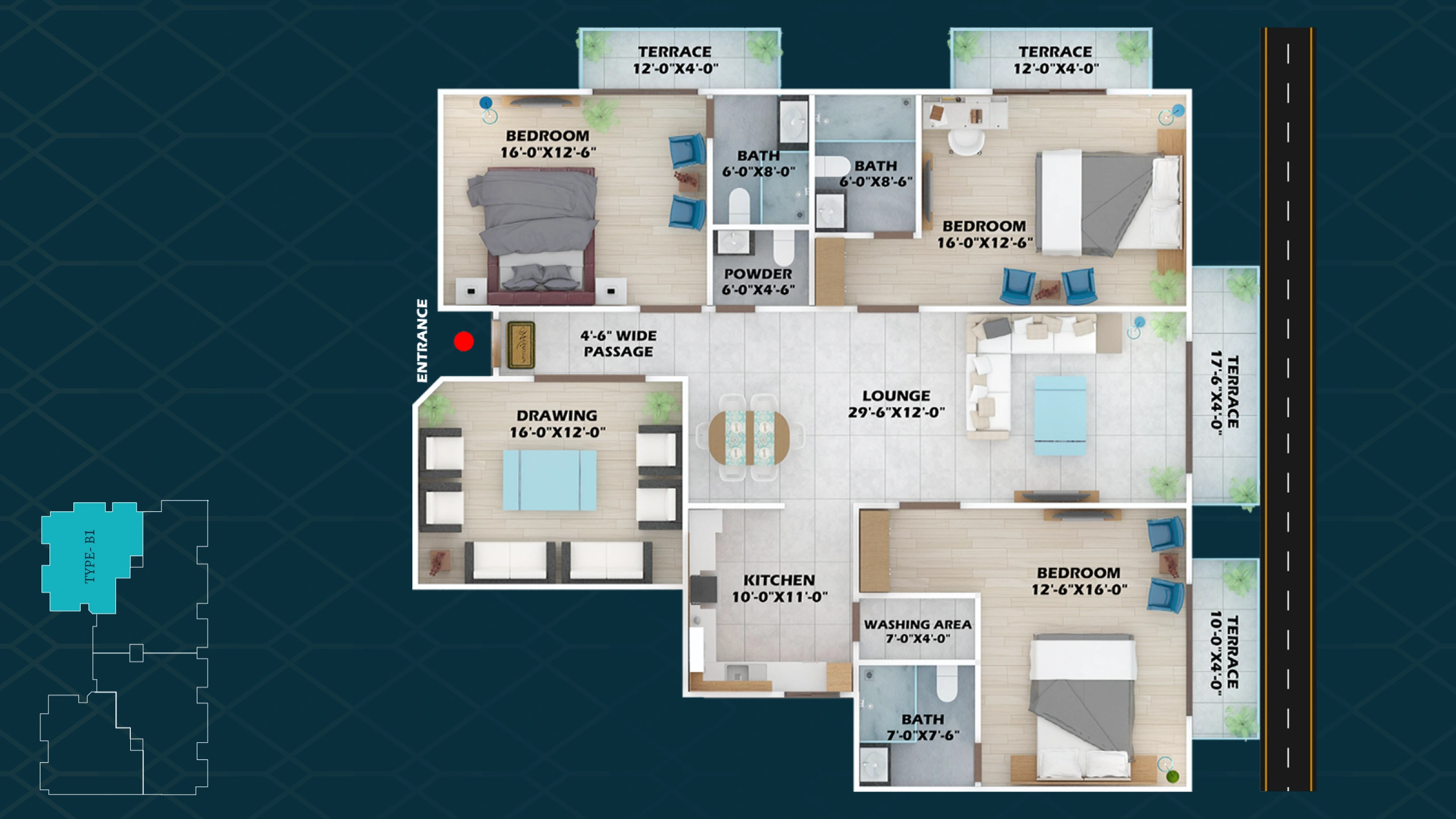 3 Bedroom | 1,829 SQ FT (Net Area) floor plan at Faizan Sky Tower