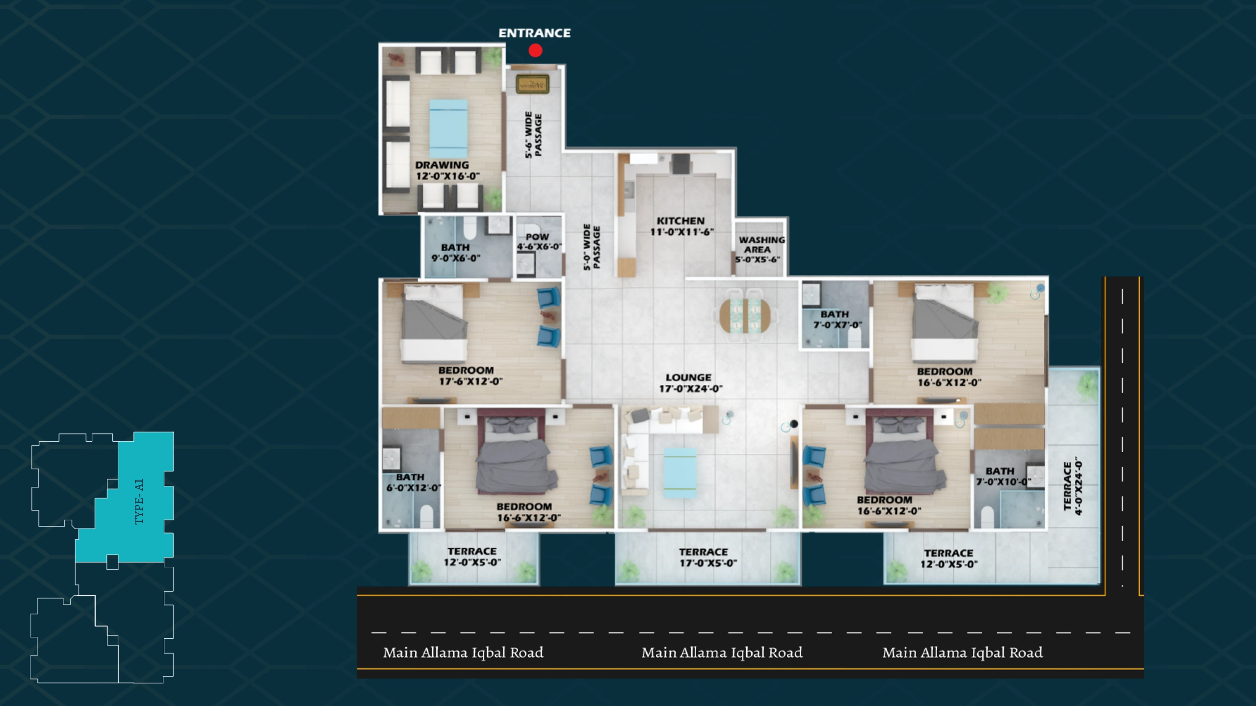 4 Bedroom | 2,415 SQ FT (Net Area) floor plan at Faizan Sky Tower