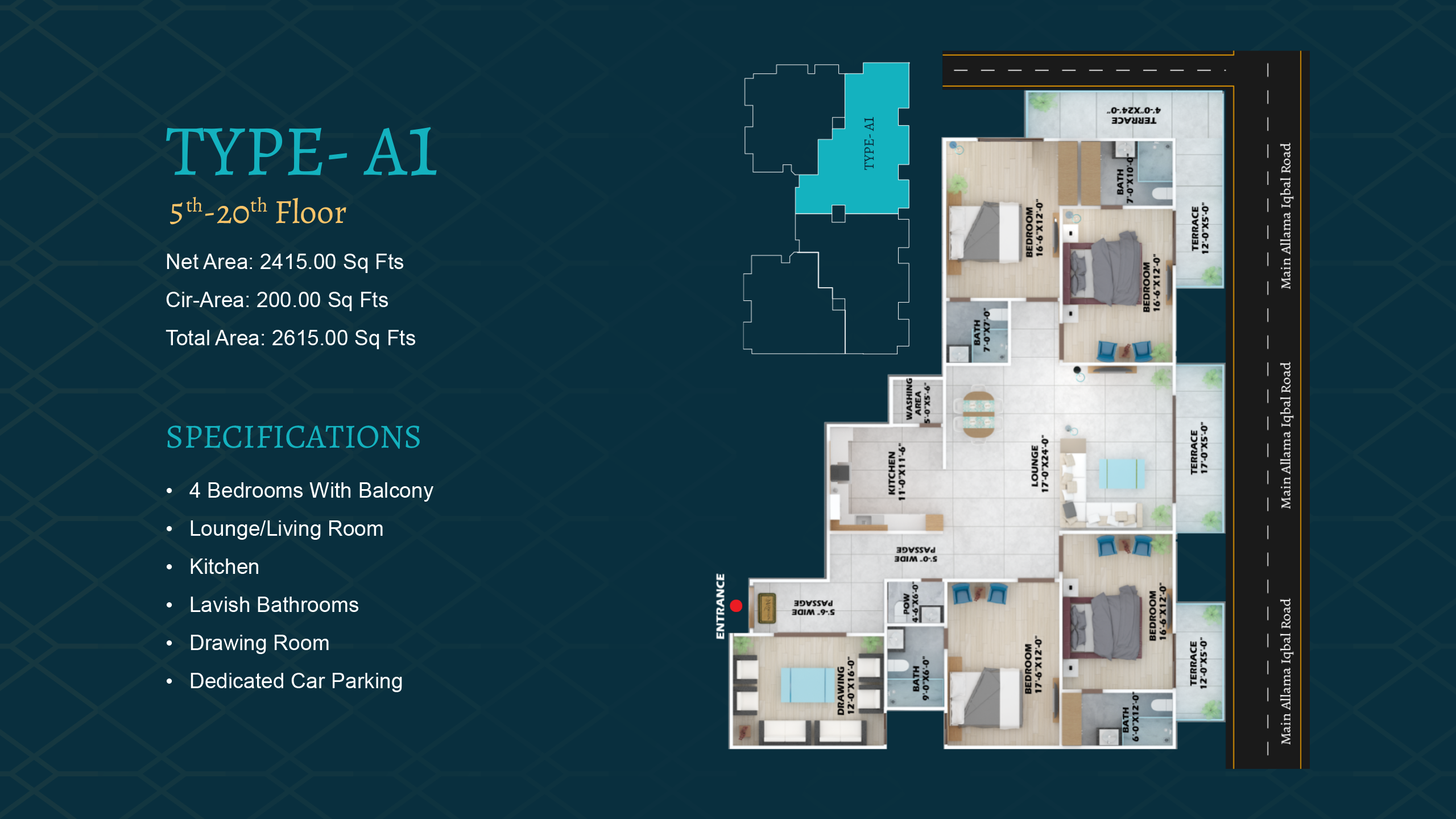 Type A1 floor plan at Faizan Sky Tower